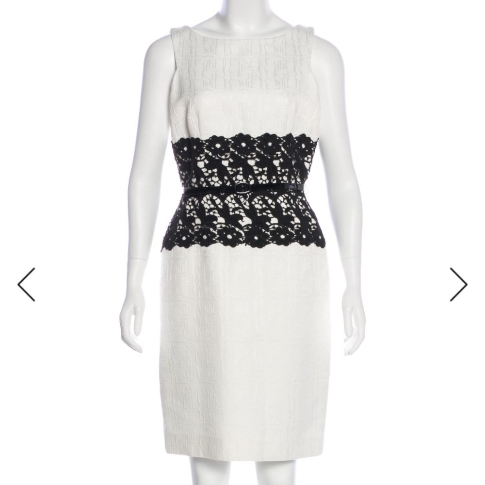 Tailored Jacquard White Dress with Black Lace Detail